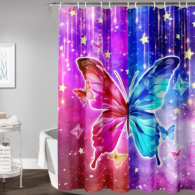 AILONEN Butterfly Shower Curtain,Red and Blue Butterfly Bath Curtain,Tie Dye Starry Rainbow Modern Decorative Shower Curtain with 12 Plastic Hooks (Kids/Girls/Women/Teen/) 72" W*96" H