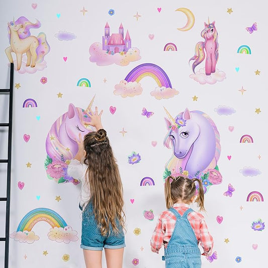 Unicorn Wall Decals Pack of 4 Sheets 125pcs by Lipastick - Rainbow Wall Stickers – Princess Castle with Hearts Clouds Stars Wall Decals Decor for Girls Kids Bedroom Birthday Party Size M Size