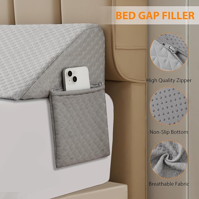 Queen Bed Wedge Pillow for Headboard, Bed Gap Filler, Mattress Gap Filler Queen, Fill The Gap (0-7") Between Headboard and Mattress (Grey, 60"x10"x6")