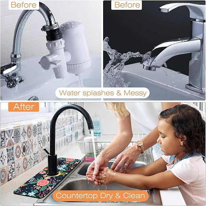 Kitchen Faucet Mat Bright Colorful Flowers Kitchen Sink Splash Guard Faucet Mat,1 PC Splash Guard Behind Faucet Drip Catcher for Kitchen,Dish Drying Mat,Bathroom Faucet Mat 15.5""X5.5""