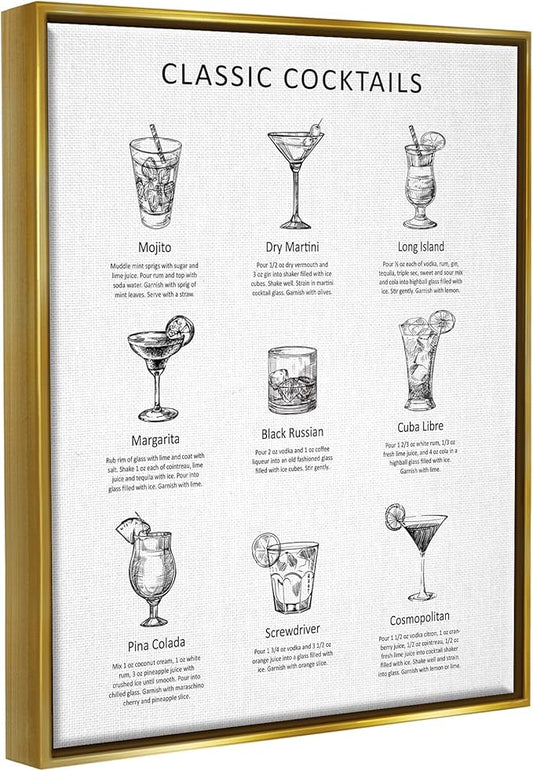 Stupell Industries Classic Cocktails Mixed Drinks Kitchen Bar Sign Chart, Design by Lettered and Lined