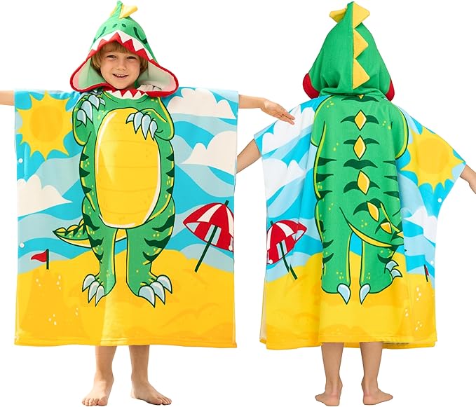 Joiedomi Kids Beach Towel - Dinosaur Bath Towel with Hood - for Boys Girls 3-10 Years 30" x 30" - Toddler Soft Absorbent Swim Pool Towel- Quick Dry Microfiber Surf Poncho