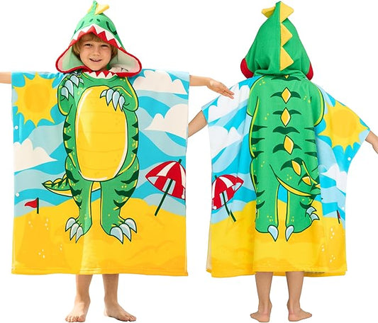 Joiedomi Kids Beach Towel - Dinosaur Bath Towel with Hood - for Boys Girls 3-10 Years 30" x 30" - Toddler Soft Absorbent Swim Pool Towel- Quick Dry Microfiber Surf Poncho
