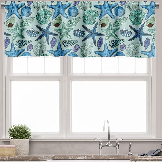 Ambesonne Starfish Valance & Tier Curtain 3 pcs Set, Aquarium Inspired Composition Tropical Seashells and Scallops Cockles and Clams, Window Treatments for Kitchen Room Decor, 55" x 24", Blue Seafoam