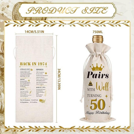 Wxiben 50th Birthday Wine Bags - 1pcs 1974 Wine Gifts for Women Men 50 Year Old Burlap Wine Gift Bag Over the Hill 50th Birthday Party Decorations for Mom Dad Grandma Coworker Birthday Gift
