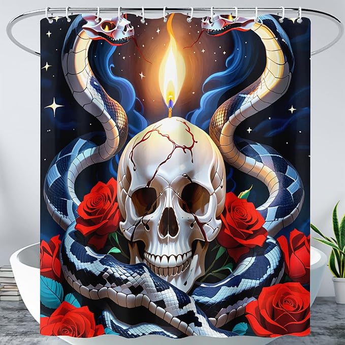AILONEN Skull Shower Curtain for Bathroom,Red Rose Terror Snake Skull Bath Curtain,Goth Skull Skeleton Print Waterproof Curtain with 12 Plastic Hooks, 72" W*96" H