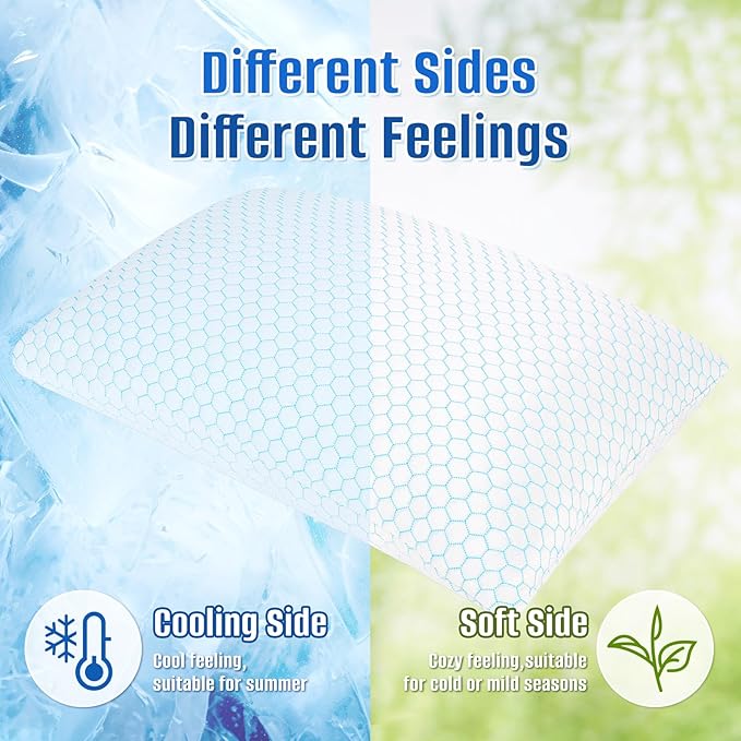 Shredded Memory Foam Pillow for Sleeping, Cooling Bed Pillows Set of 2, Adjustable Pillows for Side, Back, Stomach Sleepers with Washable Pillowcase (Standard Size, Blue)