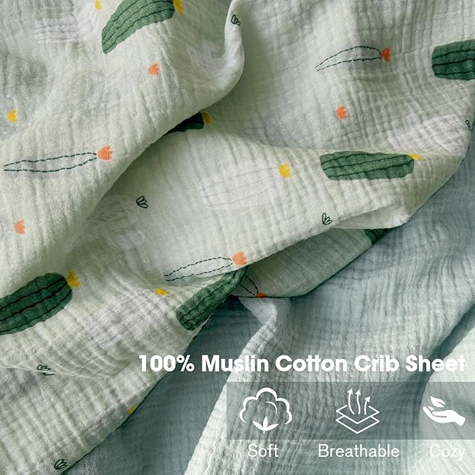 Muslin Crib Sheets, 2pk Neutral Fitted Baby Toddler Bed Sheets for Standard Crib Mattress & Toddler Bed Mattress, 28 x 52 inches, Blossom Cactus