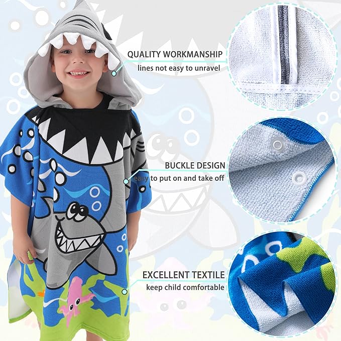 NovForth Kids Beach Towel for Boys Girls, Shark Hooded Bath Towel Wrap, Toddler Pool Towel with Hood