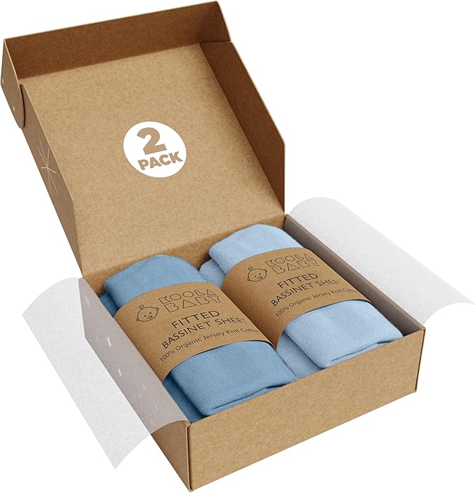 Bassinet Fitted Sheets - Compatible with Delta Children and Simmons Kids Bassinet | 100% Organic Jersey Cotton - Light Blue + Dark Blue | 30x16 (2 Pack)