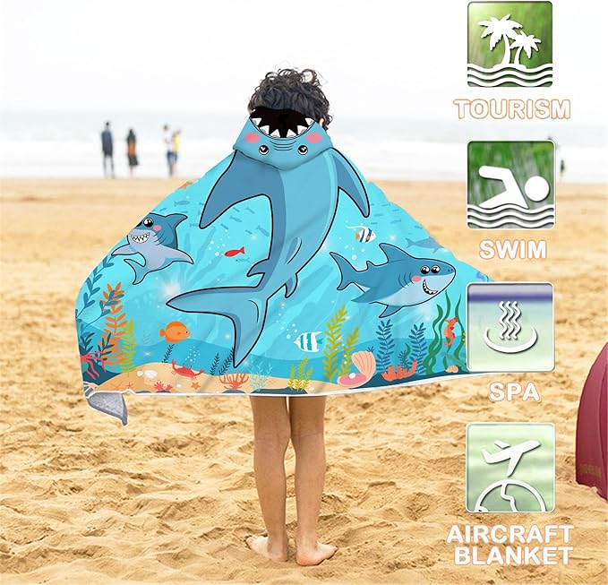 Shark Hooded Beach Towel for Kids, Cool Ocean Fishes Bath Towel with Hood for Boys, Funny Sea Animals Microfiber Super Absorbent Soft Poncho Bathrobe for Swin Pool 30”x50”