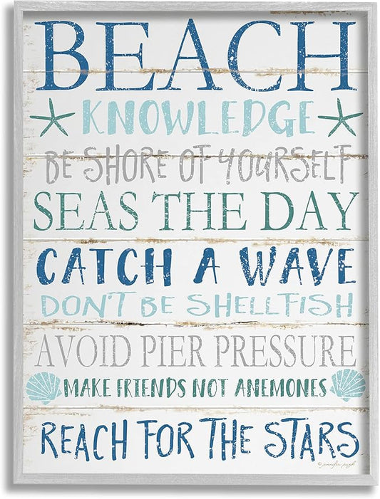 Stupell Industries cwp-367 Beach Knowledge Blue Aqua and White Planked Look Sign Wall Art, 11 x 14, Gray Framed