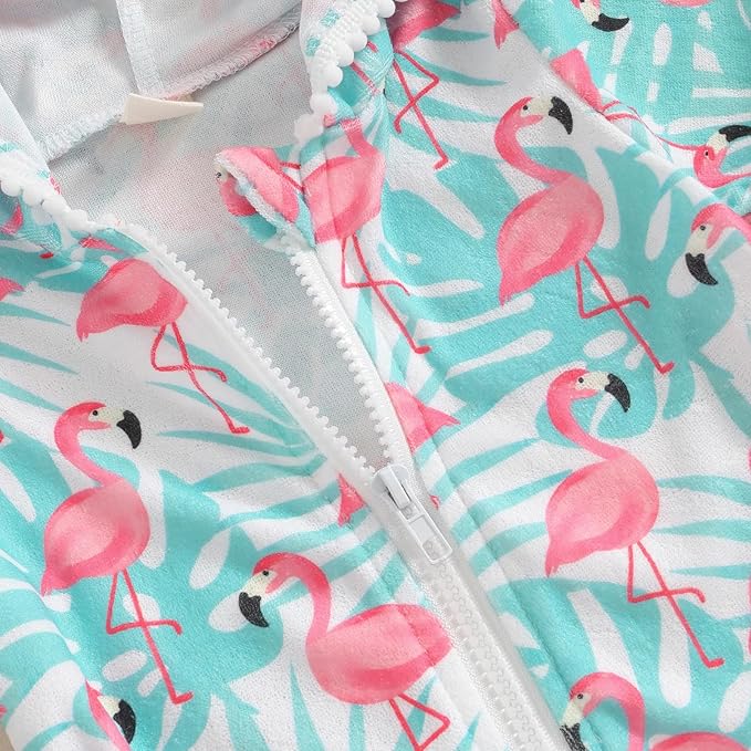 Toddler Beach Towel with Hood Kids Waffle Swim Cover Up Bath Towel Surf Poncho Boys Girls Hooded Beach Towel (Green Flamingo, 5-6 Years)