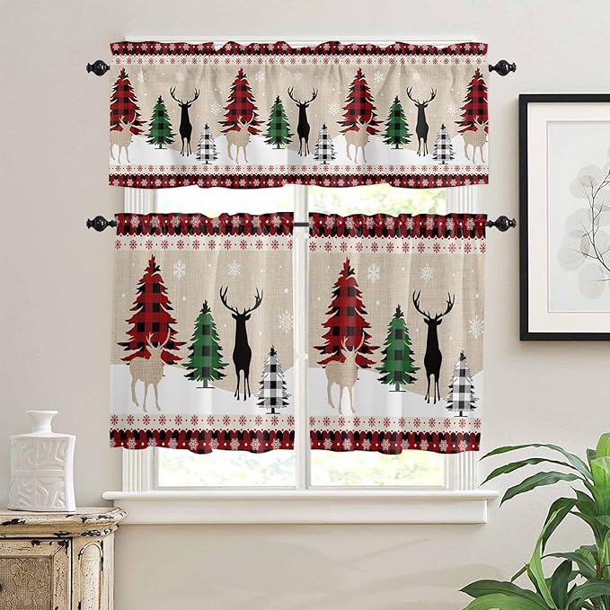 Farmhouse Christmas Kitchen Curtains and Valances Set,Rustic Plaid XMAS Tree Snowflakes Window Treatments Tiers Red Green Black Half/Short Curtains for Small Windows Cafe /Living/ Bedroom 54x24 in