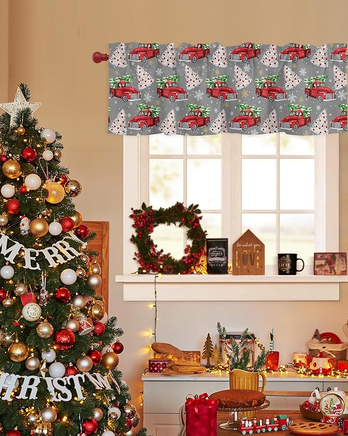 Red Truck Christmas Valance Curtains for Kitchen Windows Merry Christmas Tree Rod Pocket Window Treatment Toppers for Kitchen/Living Room/Bedroom/Bathroom, 60" X 18", Winter Snowflake Grey