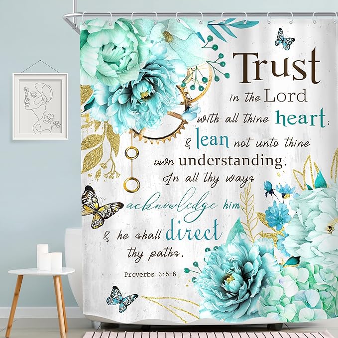 MESHELLY Teal Shower Curtain 60Wx72H Flower Christian Shower Curtain Farmhouse Bible Verse Rustic Blue Floral Shower Curtain Women Inspiration Quote Scriptures Bathroom Decor Fabric with 12 Hooks