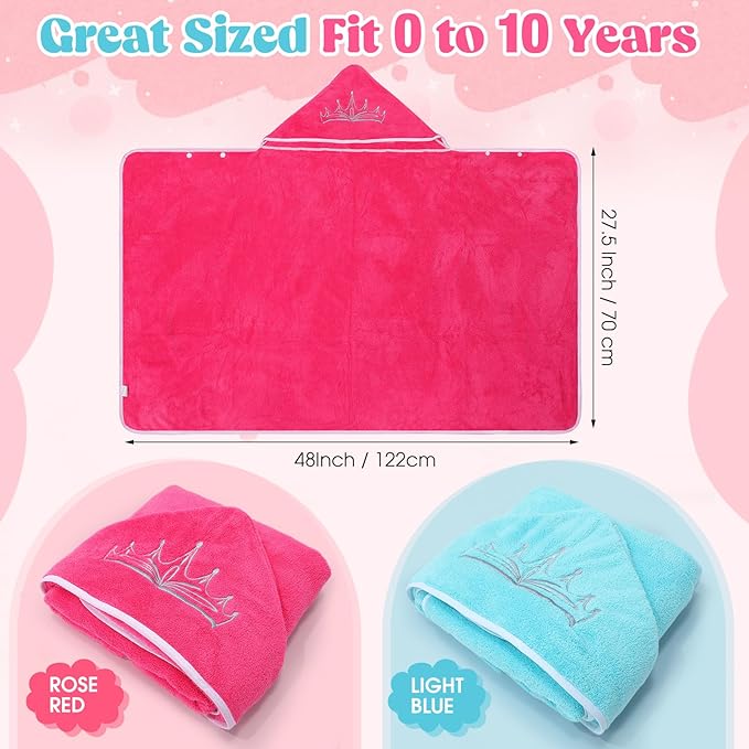 2 Pcs Princess Toddler Bath Towel Oversized Baby Hooded Bath Towel Thick Absorbent Soft Toddler Beach Towel for Kids Girls Up to 10 Years, 27 x 48 Inch, Pink and Blue
