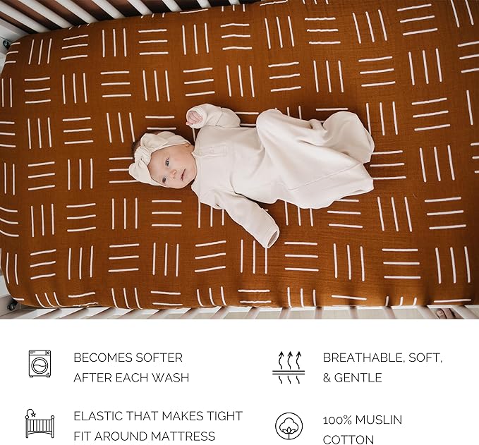 Mustard Mudcloth Muslin Crib Sheet by Mebie Baby, Soft and Breathable Bed Sheets for Babies, Modern Neutral Bedding for Crib, Standard Crib Mattress Fitted Sheet, Great For Boy or Girl Room or Nursery
