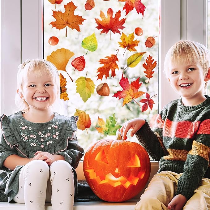Fall Window Clings for Glass Windows Autumn Maple Leaf Window Static Stickers Double-Sided Leaves Hazelnut Window Door Cling Removable Reusable Stickers Thanksgiving Window Door Decor