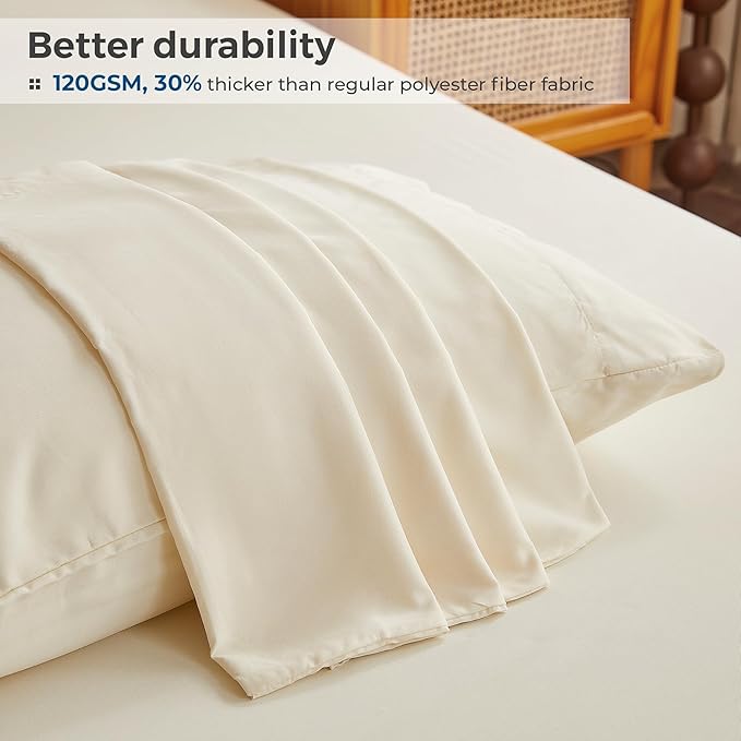 Queen Sheets Cream, Ultral Soft Cationic Linen Look Sheets, Luxury Cooling Cozy Bed Sheet Set with Non-Slip Fitted Sheet