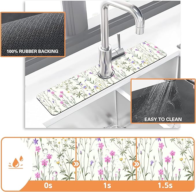 Kitchen Faucet Mat Meadow Flowers Kitchen Sink Splash Guard Faucet Mat,1 PC Splash Guard Behind Faucet Drip Catcher for Kitchen,Sink Mat,Dish Drying Mat,Bathroom Faucet Mat 23.5""X5.5""