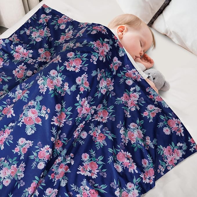 Minky Baby Blanket for Girls, Soft Lightweight Micro Fleece Blanket with Double Layer, Dotted Backing, Breathable Receiving Blanket for Newborns, 30x40 Inches, Navy Floral