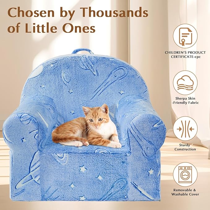 Toddler Chair Sherpa Couch Sherpa Kids Chair, Cuddly Comfy Toddler Plush Chair Toddler Couch Reading Chair for Kids Glow in The Dark Starry Sky Blue