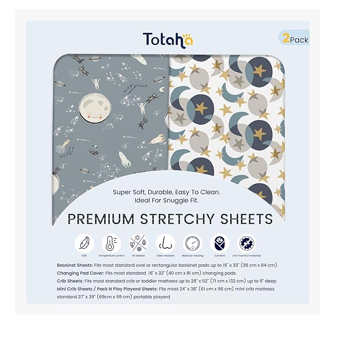 TotAha Space Crib Fitted Sheet, Super Stretchy Jersey Star Crib Sheets, Buttery Soft Boy Crib Mattress Sheets, Ultra Breathable Baby Bed Sheets 28x52x9 Extra Deep Pocket, 2 Pack