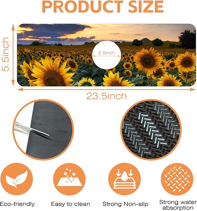 Kitchen Sink Splash Guard Faucet Mat Sunflowers Blooming at Sunset Sink Splash Guard Behind Faucet,1 PC Soft Diatom Mud Non-Slip Mat-for Kitchen,Dish Drying Mat,Bathroom Faucet Mat 15.5"X5.5"
