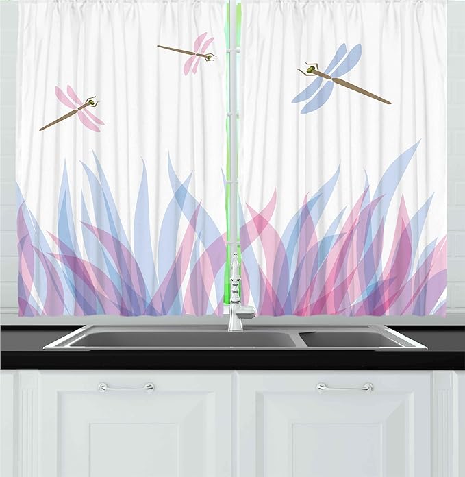 Ambesonne Dragonfly Kitchen Curtains, Nature Themed Colorful Birds Like Bugs Flies on Flame Abstract Image, Window Drapes 2 Panel Set for Kitchen Cafe Decor, 55" x 36", Violet Pink