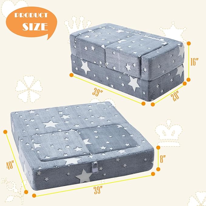 Kids Sofa Couch 3-in-1 Modular Toddler Couch Glowing Grey Baby Couch Foam Armchair for Boys & Girls Children Convertible Sofa to Lounger Plush Fold Out Sofa Play Set with Two Ottomans, Two Seats