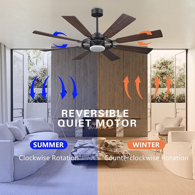 60/80 inch Ceiling Fan (Black-Walnut, 72" (LED Light / 3 Downrods))