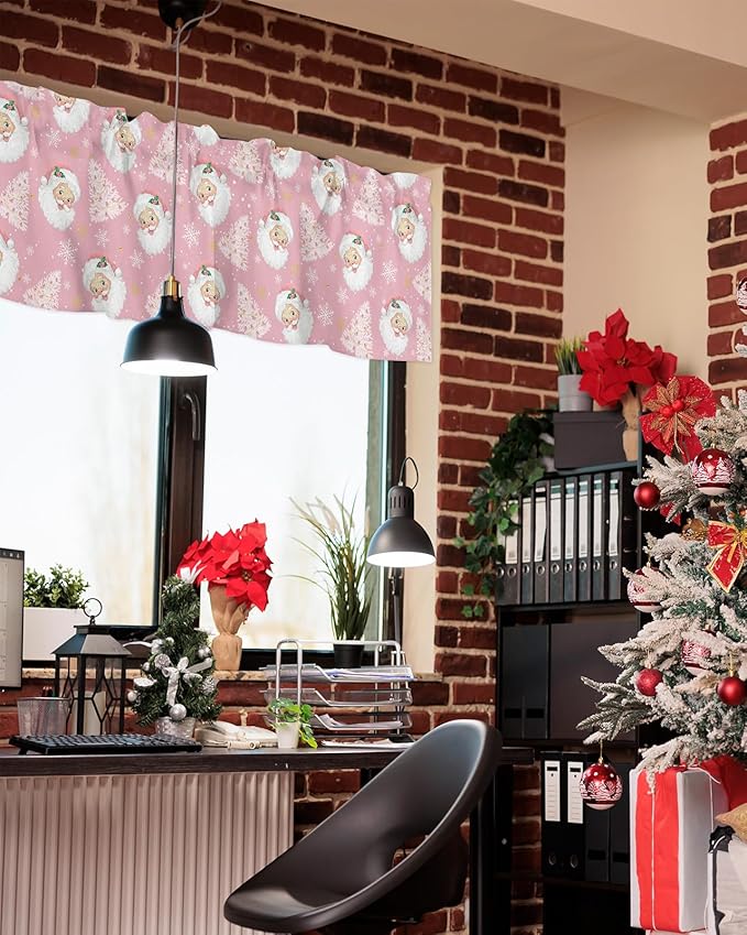 Pink Christmas Valance Curtains for Kitchen Windows Santa Claus Merry Christmas Tree Rod Pocket Window Treatment Toppers for Kitchen/Living Room/Bedroom/Bathroom, 42" X 18", Winter Snowflake