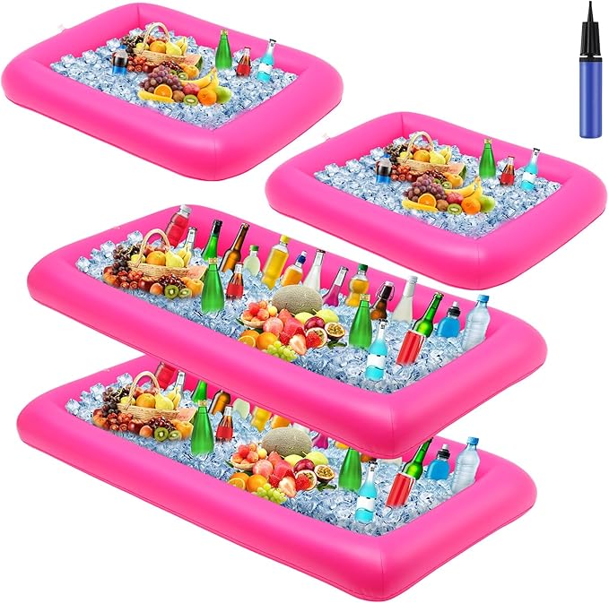 Leitee 4 Pcs Inflatable Ice Serving Bars Buffet Serving Tray Drink Cooler for Pool Party Inflatable Ice Tray Floating Food Drink Containers with Drain Plug and a Hand Pump, 2 Sizes (Pink)