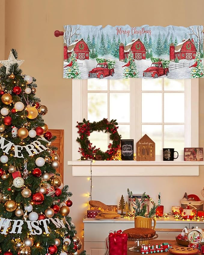 Red Truck Christmas Valance Curtains for Kitchen Windows Merry Christmas Farmhouse Rod Pocket Window Treatment Toppers for Kitchen/Living Room/Bedroom/Bathroom, 42" X 12", Winter Xmas Tree