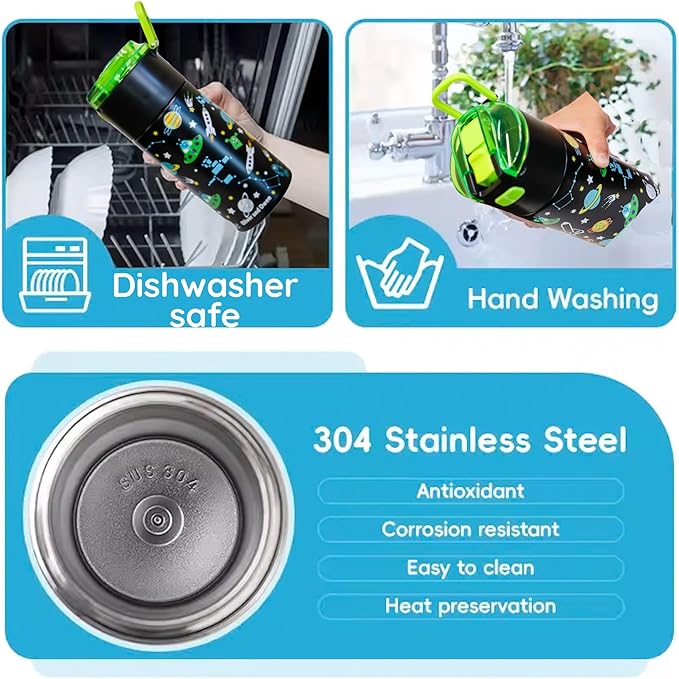 Kids insulated water bottle with straw and snack cup. Double wall stainless steel 14oz (black and green space)