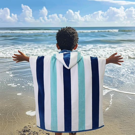 Hooded Beach Towel - Swim Cover-up - 100% Cotton Velour Double Woven Large Hooded Poncho Towel - Big Kid Pool Bath Wearable Swimming Robe - Soft Plush 630 GSM Gift - 35 x 35 - Ocean Blue