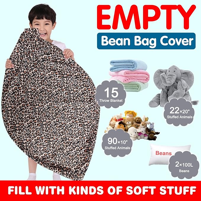 Lukeight Stuffed Animal Storage Bean Bag Chair Cover for Kids, Zipper Beanbag Chair Cover for Organizing Toddler and Kids' Rooms Plush Toys (Leopard Velvet, X-Large)
