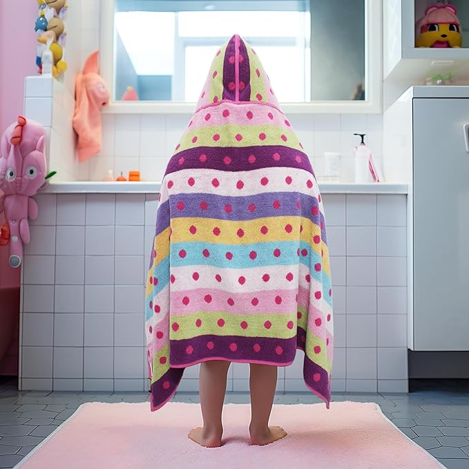 Hooded Bath Towel Wrap - 100% Cotton Jacquard Reversible Large Hooded Kids Towel - Toddler Shower Pool Beach Towel - Soft Plush Absorbent Quick Dry Easy Care Gift -26x50- Pink Multicolor