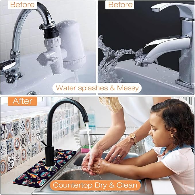 Kitchen Faucet Mat Magic Mushrooms Kitchen Sink Splash Guard Faucet Mat,1 PC Splash Guard Behind Faucet Drip Catcher for Kitchen,Sink Mat,Dish Drying Mat,Bathroom Faucet Mat 15.5""X5.5""