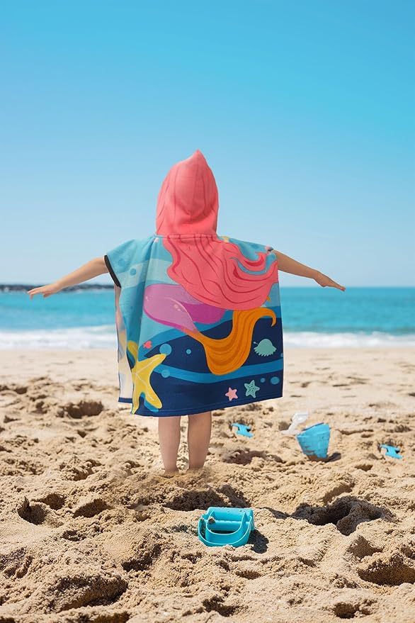 Hooded Kids Beach Towels - Toddler Bath Towel Girls Boys Swim Cover-ups for Ages 1 to 6 Kids Pool Towels Quick Dry Lightweight Soft Microfiber Poncho Towel 24x24 (Mermaid Starfish), Large