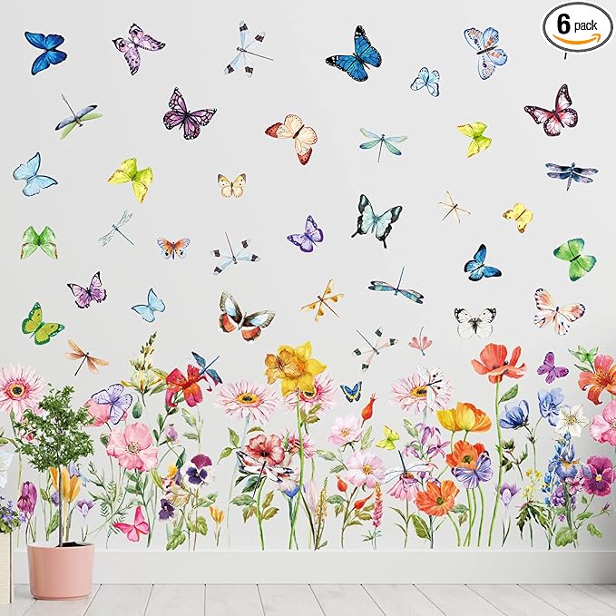 Zonon Flowers Wall Decals Vinyl Dragonflies Flowers Wall Stickers Removable Floral Wall Murals Peel and Stick Colorful Flower Wall Decor for Bedroom Living Room Nursery(Modern)