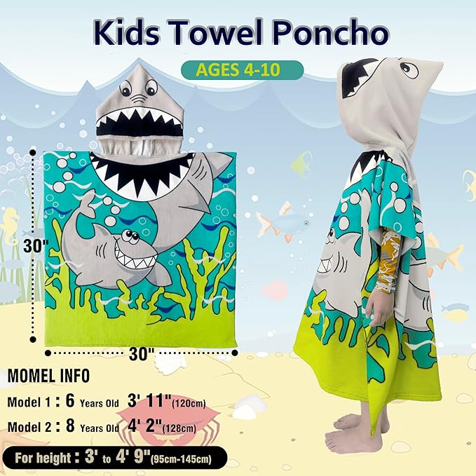 Hooded Kids Beach Towels - Toddler Bath Towel Girls Boys Swim Cover-ups for Ages 4 to 10 Kids Pool Towels Quick Dry Lightweight Soft Microfiber Poncho 30x30(Blue Sharks)