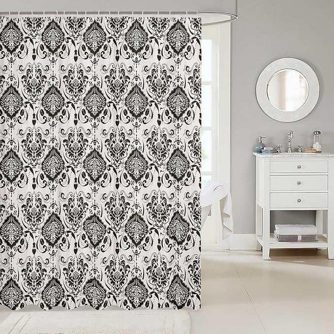 Feelyou Damask Pattern Shower Curtain 72"x84" Kids Vintage Floral Bathroom Shower Curtain Set for Boys Girls Teens Black White Luxury Bath Curtain Baroque Style Bathroom Accessories