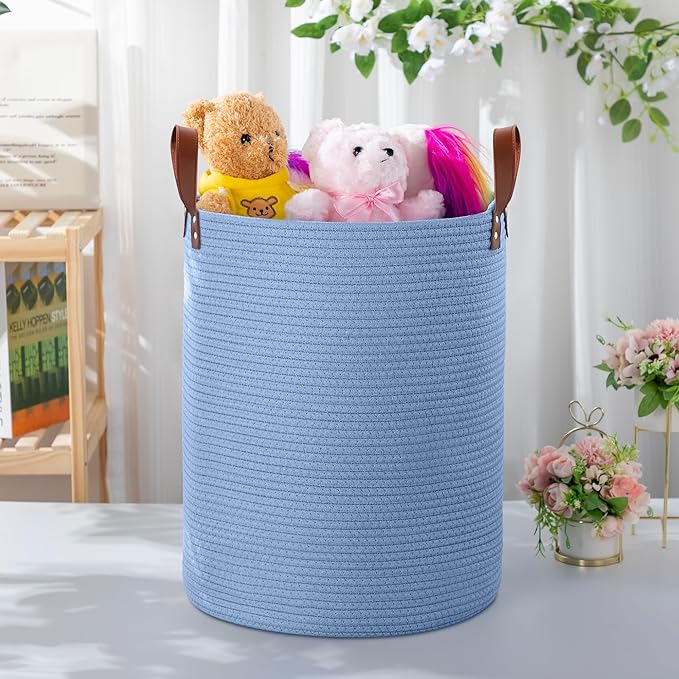 80L Large Rope Basket, Woven Rope Storage Basket with Leather Handles, Dog Toy Storage Basket, Bedroom, Nursery Blanket Storage, Bathroom Laundry Basket, 16“x20” Tall Rope Basket (Blue)