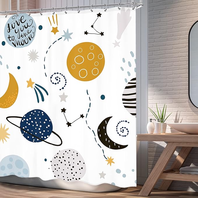 Kids Cartoon Planet Shower Curtain 72Wx72L Inch Boys Kid Shower Curtain Bathroom Set Universe Galaxy Space Cute Baby Print Cosmos for Girls Child Bath Curtain Bathtub Accessories Home Decor