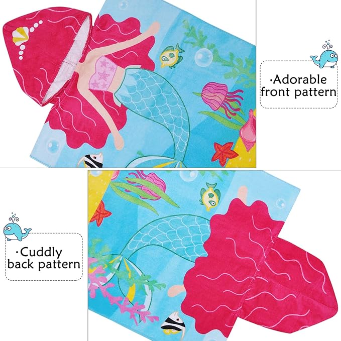 Tirrinia Mermaid Kids Poncho Towel, Surf Beach Bath Swim Hooded Towels for 2-7 Years Girls Toddler Gift, 24 by 52-inch, 100% Cotton