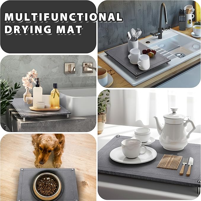 Stone Drying Mat for Kitchen Counter,IPOW Diatomaceous Dish Drying Mats Superb Absorbent,Heat-ResistantFast Drying Stone Mat Kitchen with Non-Slip Stainless Steel Feet(Gray)