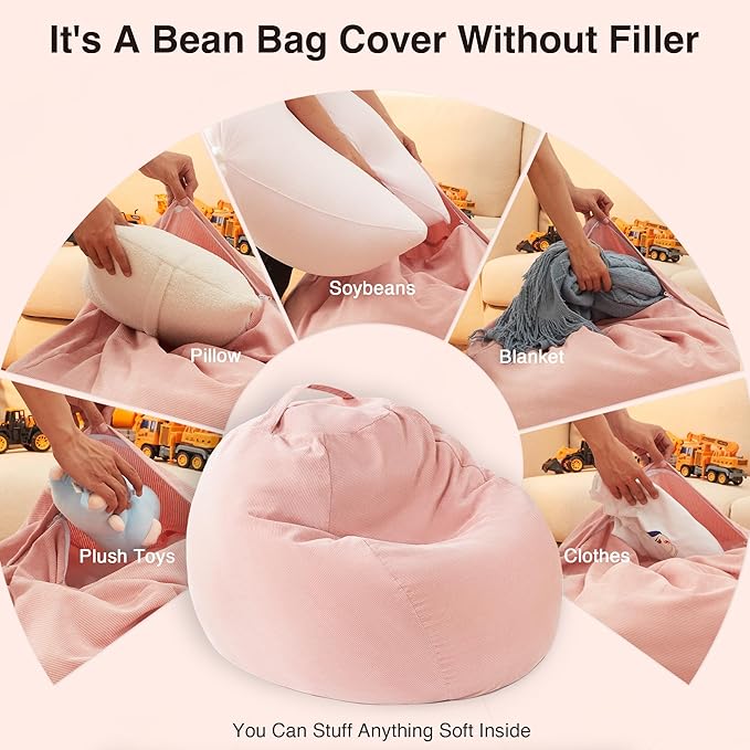 Stuffed Animal Storage Kids Bean Bag Chair Cover (No Filler) Washable Ultra Soft Corduroy Pink Bean Bag Cover for Organizing Plush Toys or Textile, Sack Bean Bag for Adults, Teens (XL)