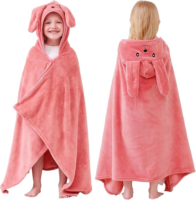 Hiturbo Kids Animal Hooded Towel: Soft Plush Fleece Blanket - 50"x30" Swim Cover Up - Pool Beach Bath Towel Wrap for 3-12 Yrs (Pink Rabbit)